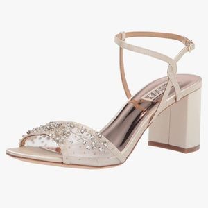Badgley Mischka Blaine Ivory Block Heels Sandals Off White Rhinestones on Mesh
